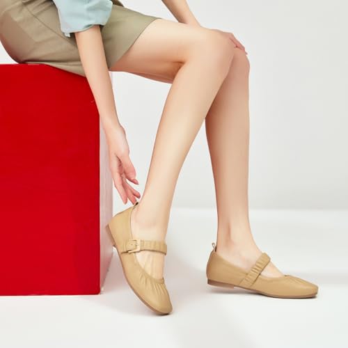BEAU TODAY Mary Jane Shoes Women, Ballet Flats Shoes for Women, Buckle Strap Genuine Leather Flats, Comfortable Square Toe Dressy Mary Jane Flats Trendy2