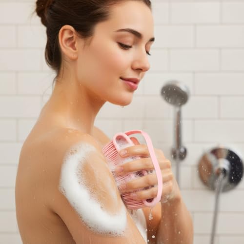 Silicone Body Scrubber 2 Pcs Silicone Loofah Exfoliating Body Scrubber for Men and Women Soft Silicones Shower Scrubbers with Handle Silicones Bodys Brush for All Skin Lather Well (Black and Pink)