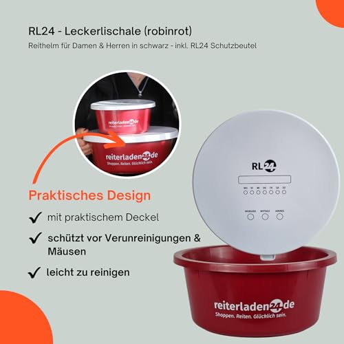 RL24 - Leckerlischale – Pferde Müslischale mit Deckel – Futterschale zur Aufbewahrung von Leckerli & Pferdefutter – Leckerli-Dose in Rubinrot – 5 Schalen á 2l (5er Set) – Pferdezubehör