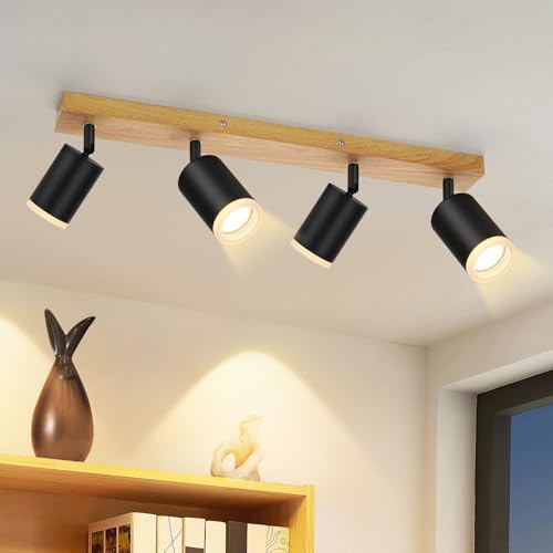 ZMH Reflector de techo de 4 focos spots de techo negro - Lámpara de cocina de madera GU10, reflector de pared giratorio 350°, vintage, industrial retro, para salón, dormitorio, pasillo (sin bombilla)