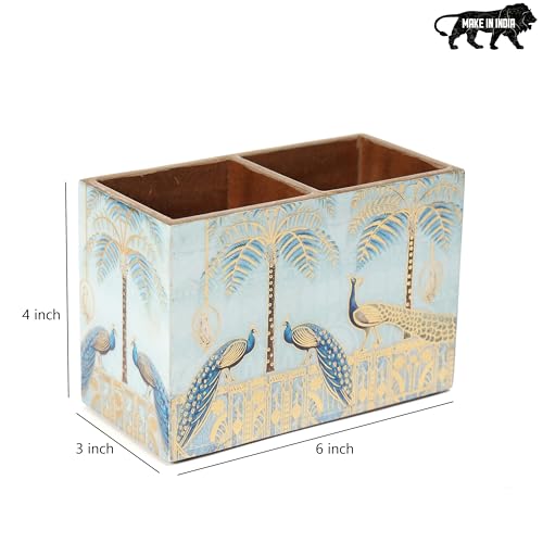Image of DULI Multipurpose Stand, Cutlery Holder, Spoon Stand, Table Organizer with 2 Sections, Chammach Stand (10cm x 15cm) (MCDPSDbl- BlueGoldenPeacock)