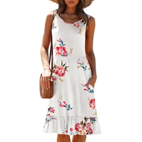 LILBETTER Women's Casual Round Neck Summer Sundresses Floral Summer Beach Sleeveless Short Tank Dresses with Pockets(F White, Medium) Cover