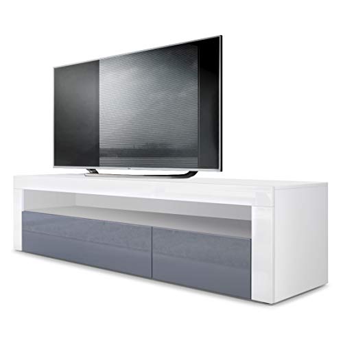 Vladon Buffet Bas Valencia, Meuble TV avec 1 Compartiment Ouvert et 2 clapets, Blanc Mat/Gris Haute Brillance/Blanc Haute Brillance (155 x 46 x 40 cm)