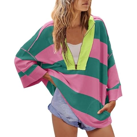 Yanekop Womens Oversized Striped Shirt Half Zip Sweatshirt Color Block V Neck Top Casual Loose Pullover Y2k(Pink Green,L) Cover