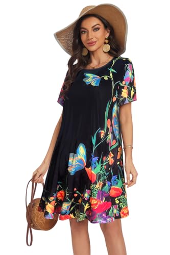 Image of My Sky Summer Dresses for Women 2026 Casual Short Sleeves Tshirt Flowy Beach Plus Size Sundress with Pockets