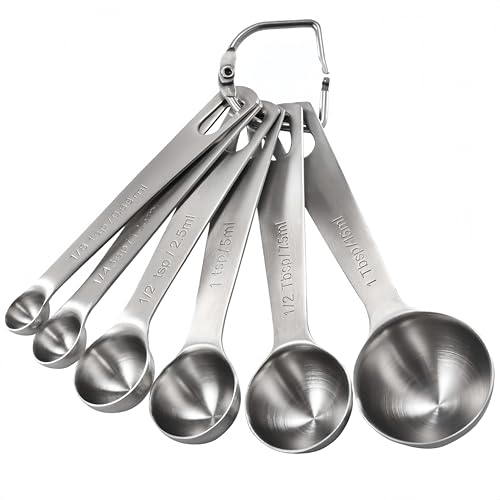 6本セット 計量スプーン ステンレス 厚手 調理器具 大さじ 小さじ 液体 コーヒー 調味料 コンパクト収納 (銀色, 6点セット)
