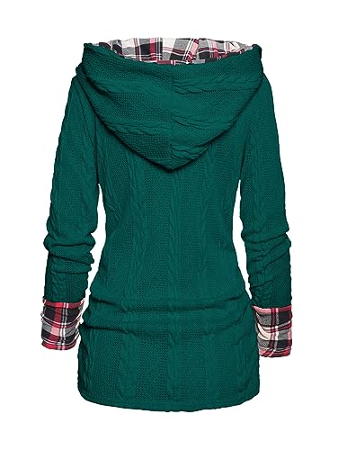 Image of ZEZCLO Women's Twisted Cable Knit Plaid Print Hooded Sweater Mock Button Ruched Shawl Neck Knit Top