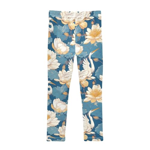 KLL Seamless Pattern Heron Bird Water Lily Little Girls Active Leggings Fashion High Waisted Athleisure Pants Sports2
