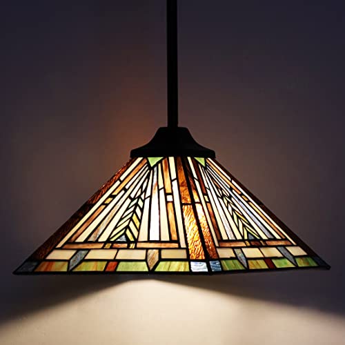 Cotoss Tiffany Pendant Light Fixtures Hanging Lamp12" Wide 1 Light Mission Style Stained Glass Lamp Shade Hanging Lights for Kitchen Island Dining Room
