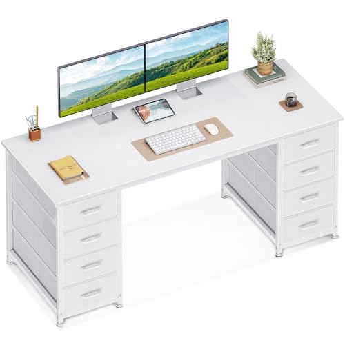Coleshome Schreibtisch mit 8 Stoff Schubladen, 140x48cm Schreibtisch Weiß mit Stauraum Computertisch Vielseitig, Bürotisch PC Tisch Officetisch für Büro, Wohnzimmer, Home Office