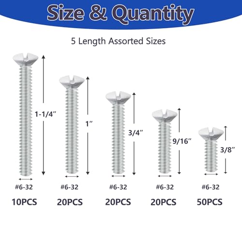 120 pcs Wall Plate Screws, White Outlet Screws 6-32 Thread Light Electrical Cover Panel Switch Plate Screws 5 Length Sizes (3/8", 9/16", 3/4", 1", 1.2")