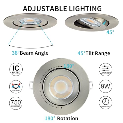 KnLnny Ware Brushed Nickel 4 Inch Gimbal Recessed Lights 6 Pack,Ajustable Recessed Lights,spot Lights Indoor with Junction Box,5CCT Selectable,9W 750LM,Dimmable