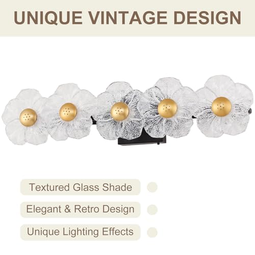 Image of MantoLite 26.7'' Bathroom Light Fixtures Modern Vanity Light Over Mirror Adjustable 3000K-6000K Picture Lights Art Light with Floral Clear Glass Shades for Living Room Bedroom (5 Light Black)