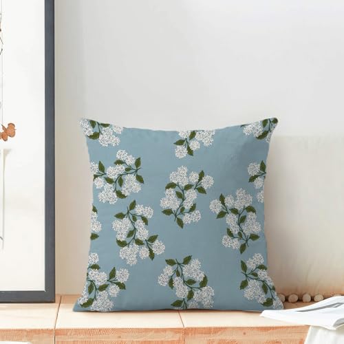 Image of AEIOAE Spring Pillow Covers 18x18 Inch Set of 2, Baby Blue Green Hydrangea Flower Throw Pillows Case,Floral Summer Outdoor Seasonal Decorative Farmhouse Decor Cushion Covers for Home Sofa Bed Couch