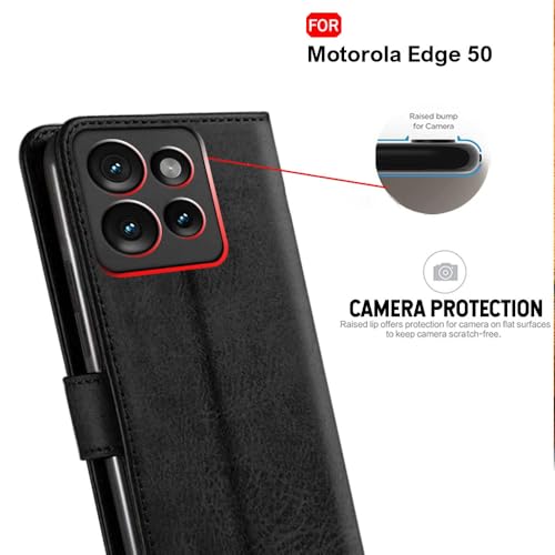 Image of TheGiftKart Flip Cover Back Case for Motorola Moto Edge 50 5G | Genuine Leather Finish | Designer Button | Inbuilt Pockets & Stand | Wallet Style Flip Case Cover for Moto Edge 50 (Faux Leather, Black)