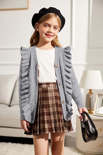 Image of Arshiner Girls Cardigan Sweaters Ruffle School Uniform Sweater V Neck Button Front Outerwear 4-13 Years