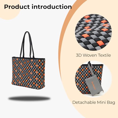 Striped Canvas Tote Bag, Black and Beige, 11.4x10.2x5.5 inches, 3D Woven Textile with Detachable Mini Bag4