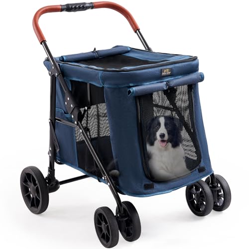 CANINE CANYON Scout 4 Wheels Pet Stroller for Small/Medium Dogs- One Button Fold, Adjustable Mesh Windows and Shades, 360° Swivel Front Wheels and Rear Wheel Brake, Navy Blue