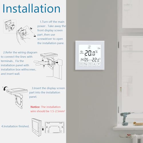 Wengart Fußbodenheizung Thermostat mit Touchscreen für Wasser Fußbodenheizung Raumthermostat Digital WG03-1,3A AC230V Unterputz Montage,Weiße Hintergrundbeleuchtung