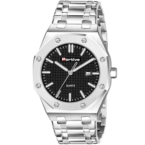 Image of Portive Quartz Watch for Men, Silver Stainless Steel Bracelet, Black Dial, Date Display, Octagonal Case