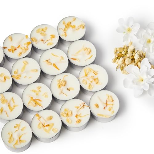 48 Pack Jasmine Scented Tealight Candles with Real Petals, Natural