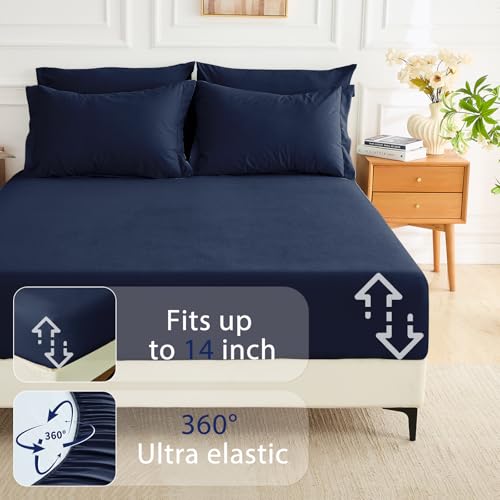 MUXHOMO 7 Pieces California King Comforter Set, Soft Bed in a Bag Cal King Size, All Season Bedding Set with Comforter, Flat Sheet, Fitted Sheet, Pillowcases & Shams, Navy Blue