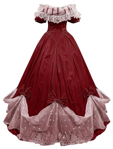 TRHTX Satin Burgundy Renaissance Ball Gown with Bow Ruffles Sleeve Bridal
