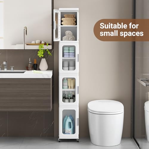Image of BROVIEW 3-Tier Tall Narrow Storage Cabinet Organizer, Slim Bathroom Cabinets with Adjustable Shelves and Doors, Plastic Kitchen Pantry Organizers and Storages for Small Space, Laundry, White