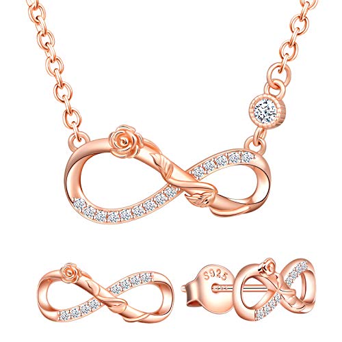Yumilok collar de mujer y pendientes de plata de ley 925, Collar rosetón con símbolo del infinito entrelazado y pendientes de circonitas en oro rosa Cover