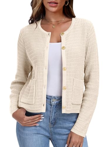 ANRABESS Women Cardigan Sweater Dressy Casual Classic Long Sleeve Crew Neck Button Down Tweed Knit Jacket 2025 Fall Outfits