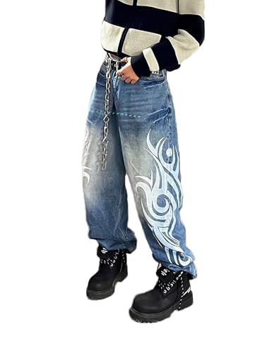 Y2k Hip Hop Baggy Jeans Wide Leg Denim Pants Gothic Graphic Printed Jeans Vintage Skater Pants Oversized Streetwear