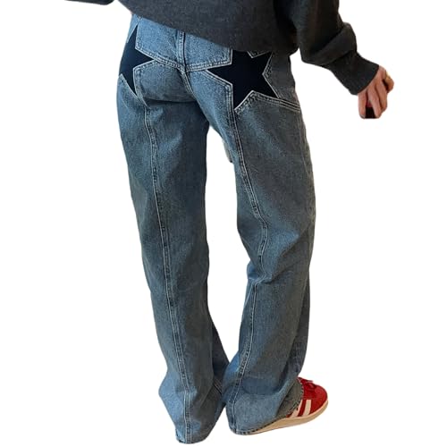 Womens High Waisted Straight Leg Jeans Trendy Y2k Star Patchwork Boyfriend Wide Leg Denim Pants2