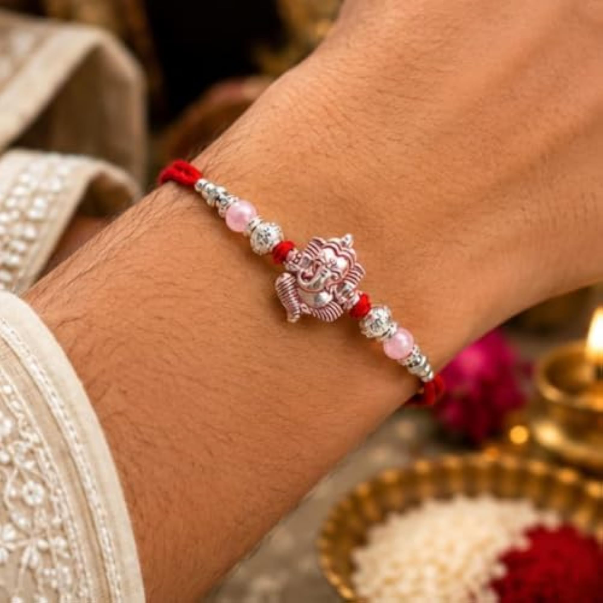 Handcrafted Lord Ganesha Rakhi for Brother with Premium Silver Finish