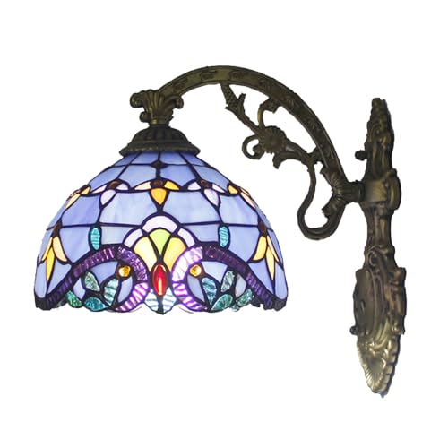 Chao Zan Tiffany Style Wall Sconce, Stained Glass Shade - with Bronze Finish Base, Victorian Baroque Design, Handcrafted Stained Glass Lampshade, Wall Mount Lamp E27 (Image: B)