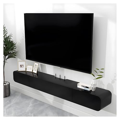 Longue étagère TV pour salon suspendue, meuble TV blanc anti-câbles apparents en bois massif