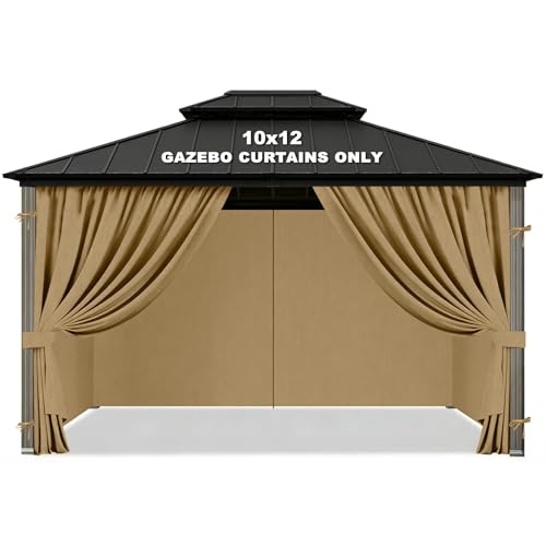 Gazebo Privacy Curtains 10 x 12 Replacement Panels Waterproof & Windproof 4 Zippered Sidewalls for Patio Canopy Outdoor Garden or Backyard Gazebo(Khaki)