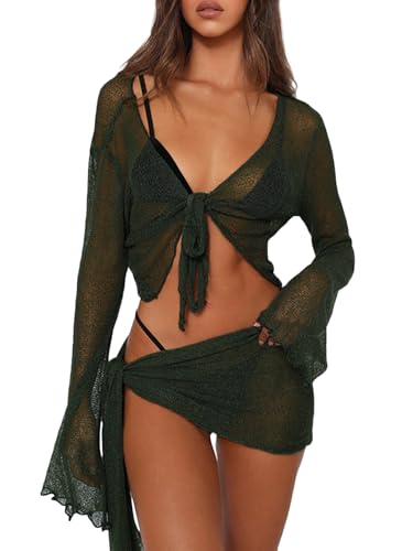 Women's Two Piece Set Mesh Sheer Long Sleeve Tie Front Cover Up Tops Skirts