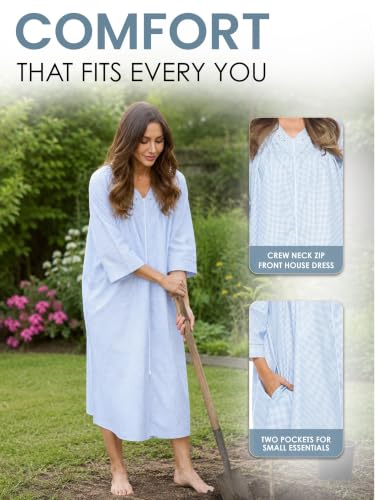 Image of Casual Nights Women's Zip Front Woven House Dress | 3 /4 Sleeves Housecoat Long Duster Lounger