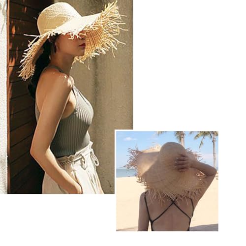 Image of Surakey Summer Straw Hat Straw Sun Hat Wide Brim Straw Hat Beach Straw Hat Tassel Straw Hat Handwoven Straw Hat for Women (Cone), 21.3in-22.8in