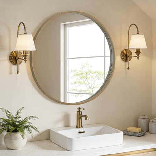 Image of WallBeyond Round Wood Mirror, 32 inch Round Modern Decoration Large Circle Wall Mirror for Bathroom Living Room Bedroom Entryway, Honey