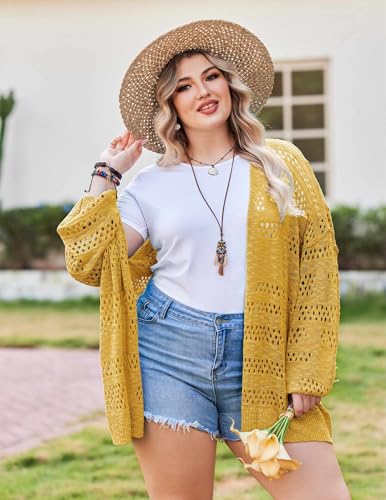 Image of IN'VOLAND Womens Plus Size Crochet Cardigan Lightweight Long Sleeve Open Front Oversized Boho Sweaters Kimonos
