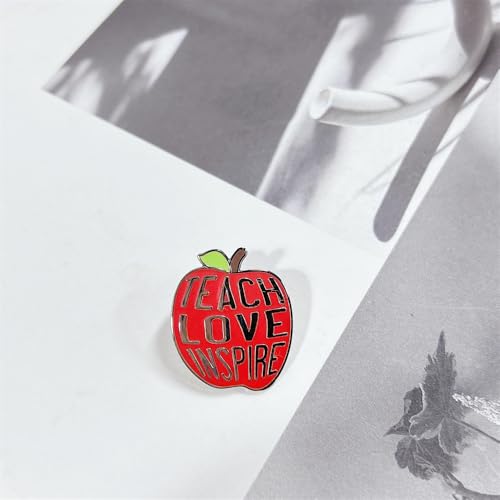 Image of Teach Love Inspire Red Apple Brooch Enamel Pin For Women Girls Fun Cartoon Teacher School Badge Brooches Novelty Food Fruit Green Leaves Lapel Pins Backpacks Clothing Bags Hats Christmas Teachers' Day Jewelry Gift
