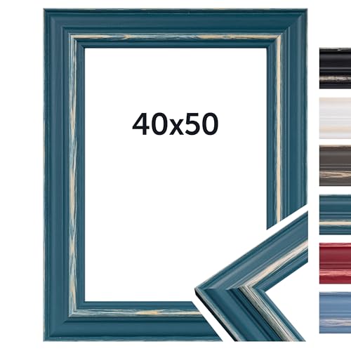 DÖRR Bilderrahmen Boho - Massiv Holz - Kunstglas - Shabby Chic - Vintage Style - Made In Italy 40x50 Petrol