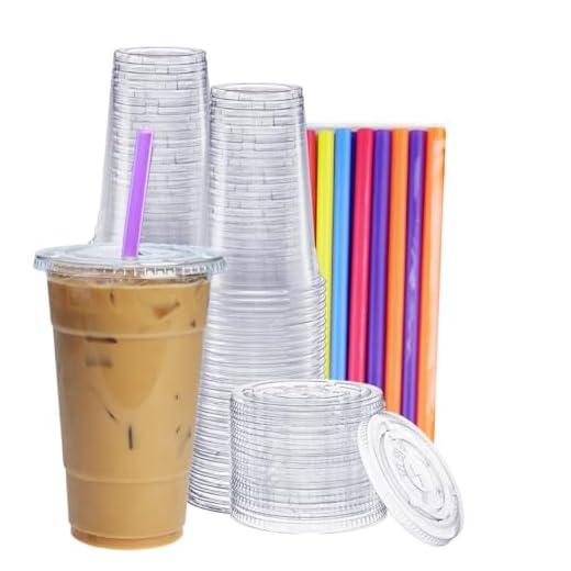 Comfy Package [100 sets - 24 oz. Clear Plastic Cups With Flat Lids & Straws - Disposable Clear Drinking Cups For Iced Coffee, Cold Drinks, Milkshakes, and Smoothies.…