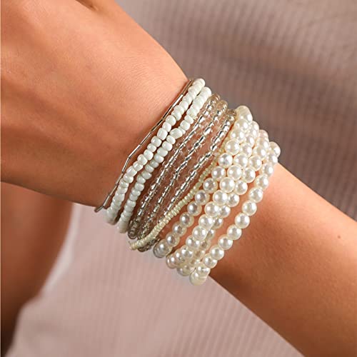 Image of Caiyao Handmade Multicolor Bohemian Crystal Beaded Bracelets Set Multilayer Stackable Boho Charms Stretch Layered Bead Adjustable Bangles Strand Jewelry for Women
