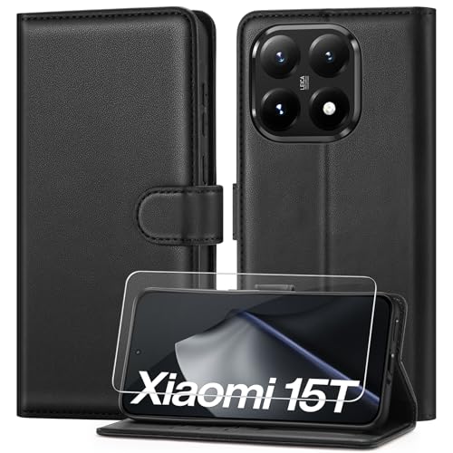 ivencase Funda para teléfono móvil Compatible con Xiaomi 15T 5G Funda y Protector de Pantalla, Funda de Poliuretano [Bloqueo RFID] [Tarjetero] [Cierre magnético] [función Atril] Funda con Tapa, Negro