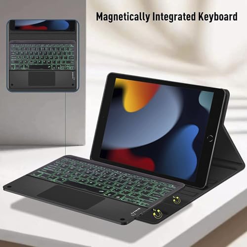 Image of HOM Tri Fold 7-Colour Backlight Detachable Wireless Bluetooth Keyboard with Trackpad /Touchpad & Tablet Cover Case for iPad 9th / 8th / 7th Generation (2021 /2020 /2019) 10.2 Inch