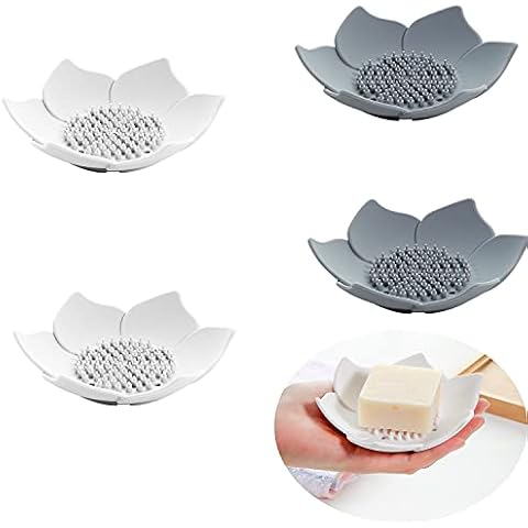 Silicone Soap Dishes 4 Pack, QAZSE Floral Shaped Soft Comfortable Small Soap Holders with drainage for Bathroom and Kitchen White and Gray Cover