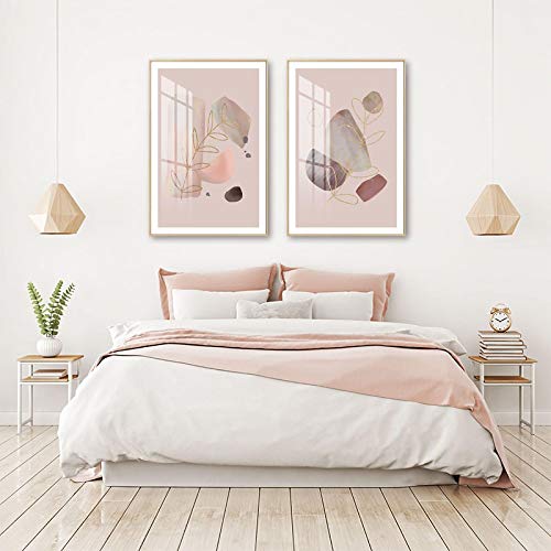 Toile Peinture Abstraite Nordique 60x90cm | Lot de 2 Affiches Géométriques Rose et Or Sans Cadre