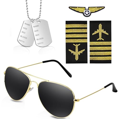 Sunwuun Fliegerbrille Fasching Herren und Damen Top Gun Accessoires,Top Gun Kostüm Piloten Kostüm Männer Frauen,Top Gun Fliegerbrille,Schulterklappen,Patch,Kette Zubehör für Mardi Gras Party.